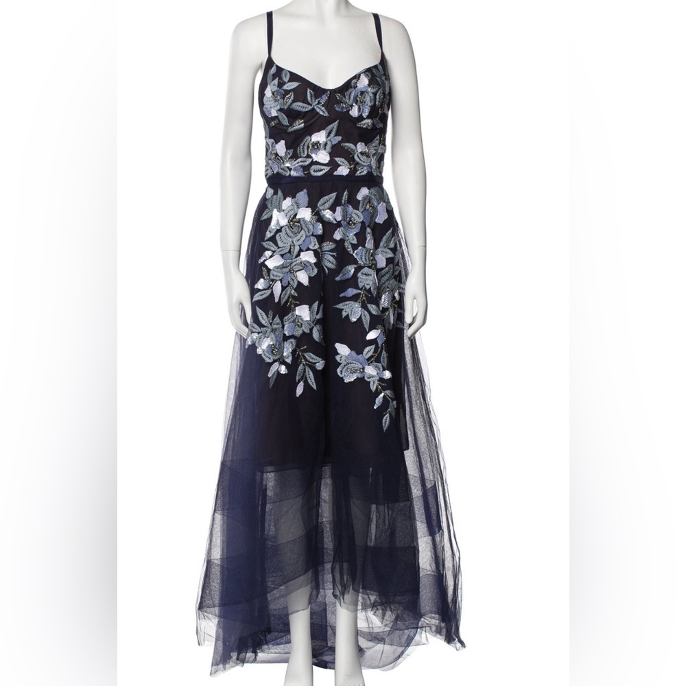 Marchesa Notte Floral Embroidered High Low Navy Dress